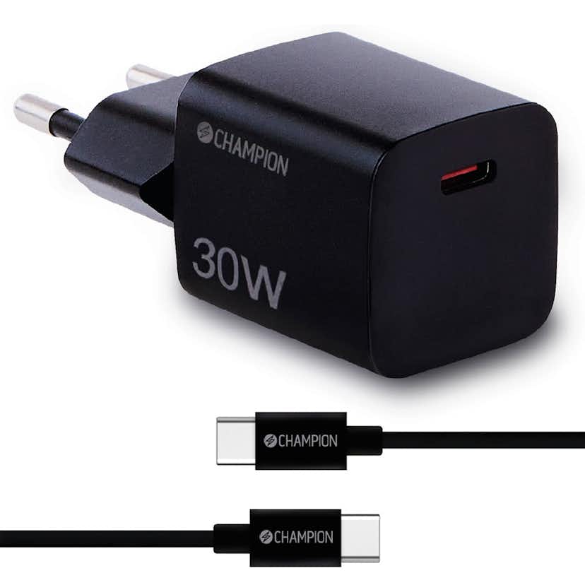 Laddare Champion 30W + USB-C Kabel Svart