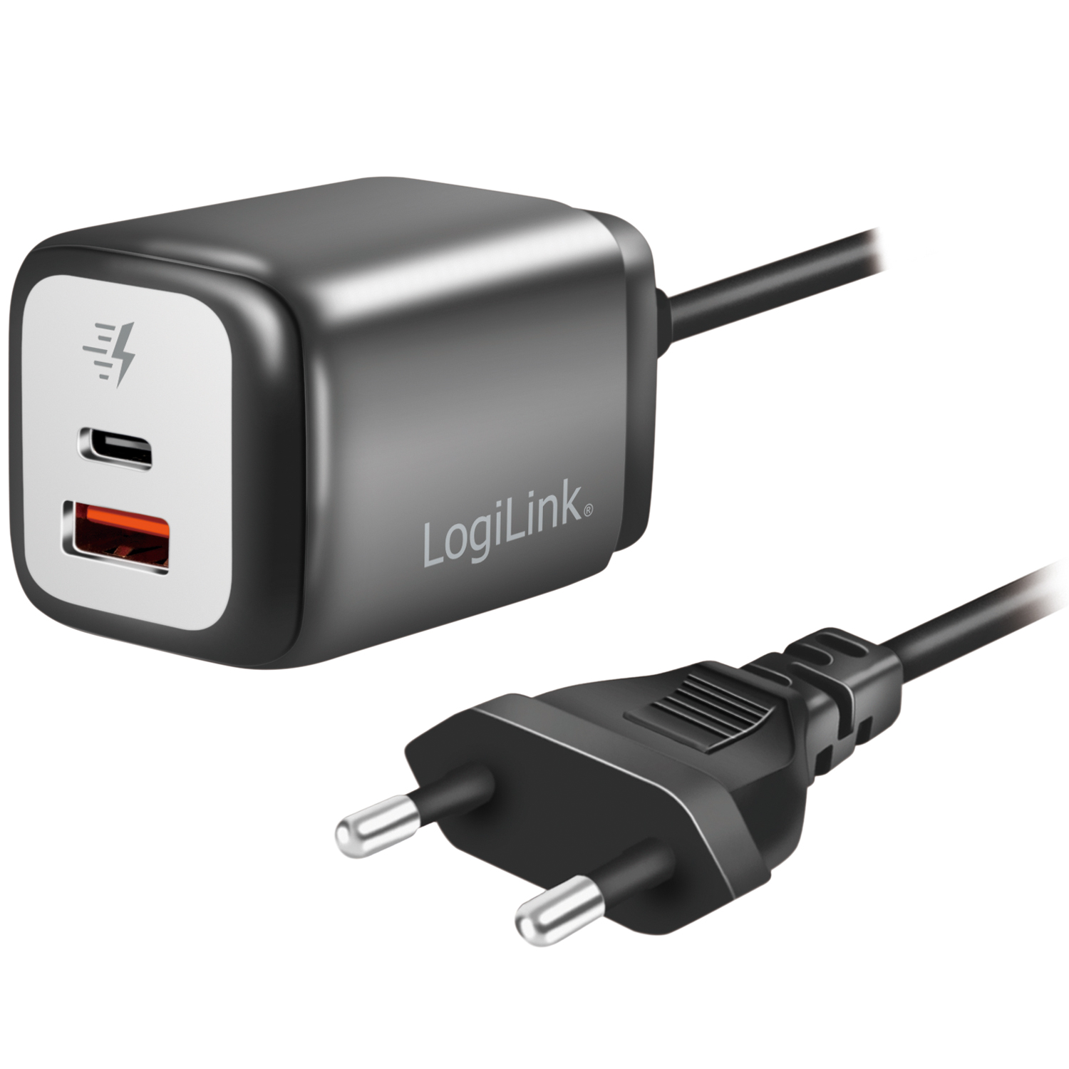 USB-laddare LogiLink 1xUSB-A + 1xUSB-C Med Fast Kabel 1,5m GaN 30W