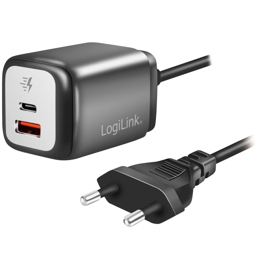 USB-laddare LogiLink 1xUSB-A + 1xUSB-C Med Fast Kabel 1,5m GaN 30W