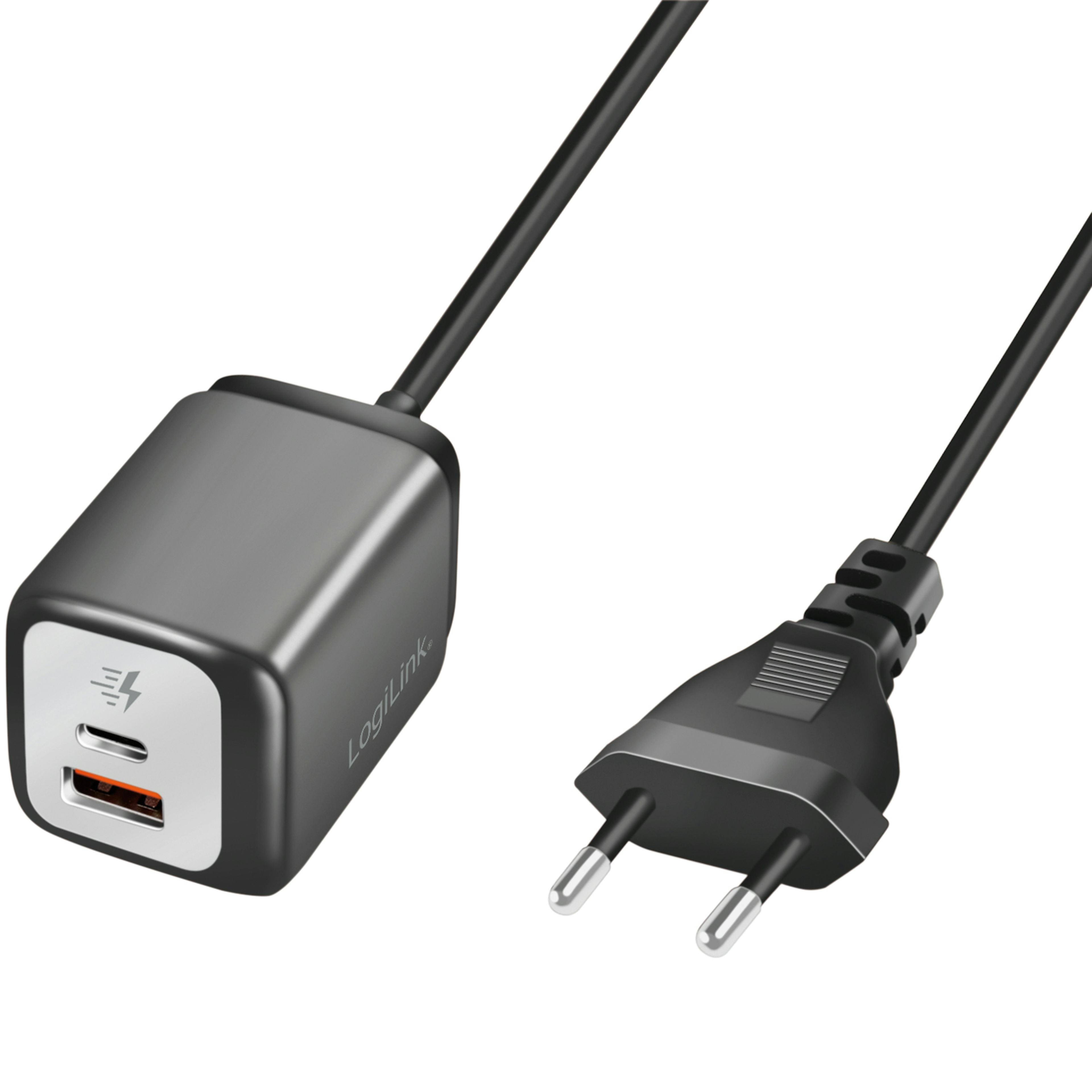 USB-laddare LogiLink 1xUSB-A + 1xUSB-C Med Fast Kabel 1,5m GaN 30W