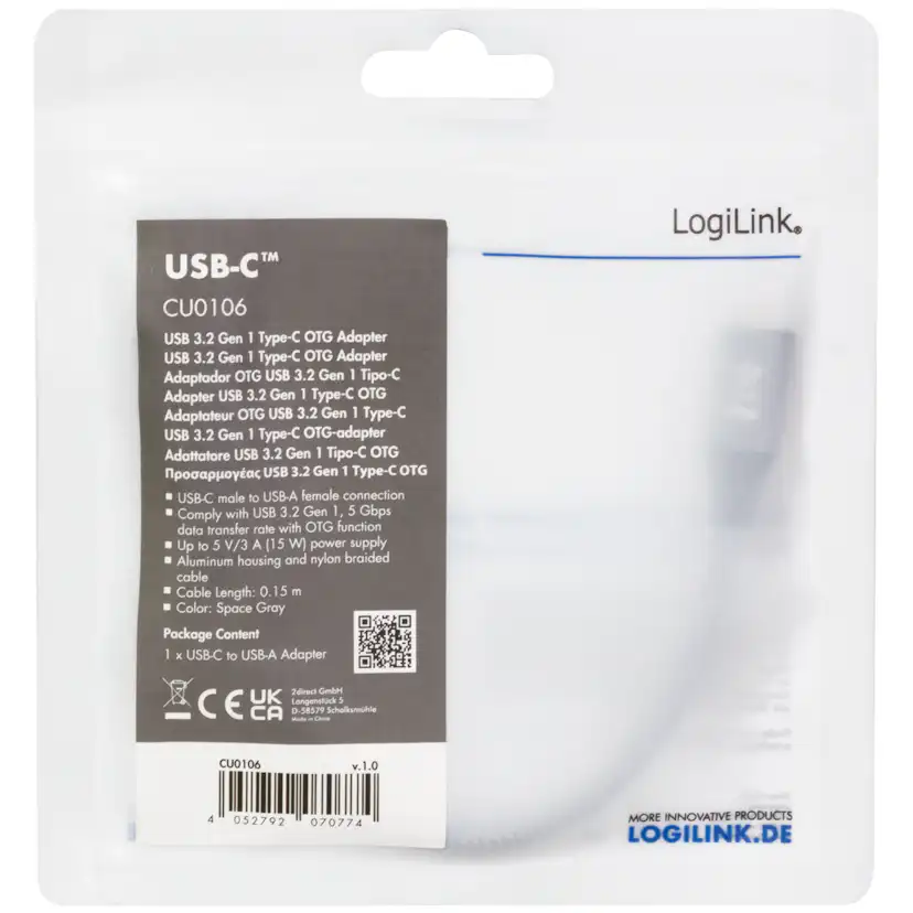 USB-C -hane till USB-A hona LogiLink OTG 15W 0,15 m