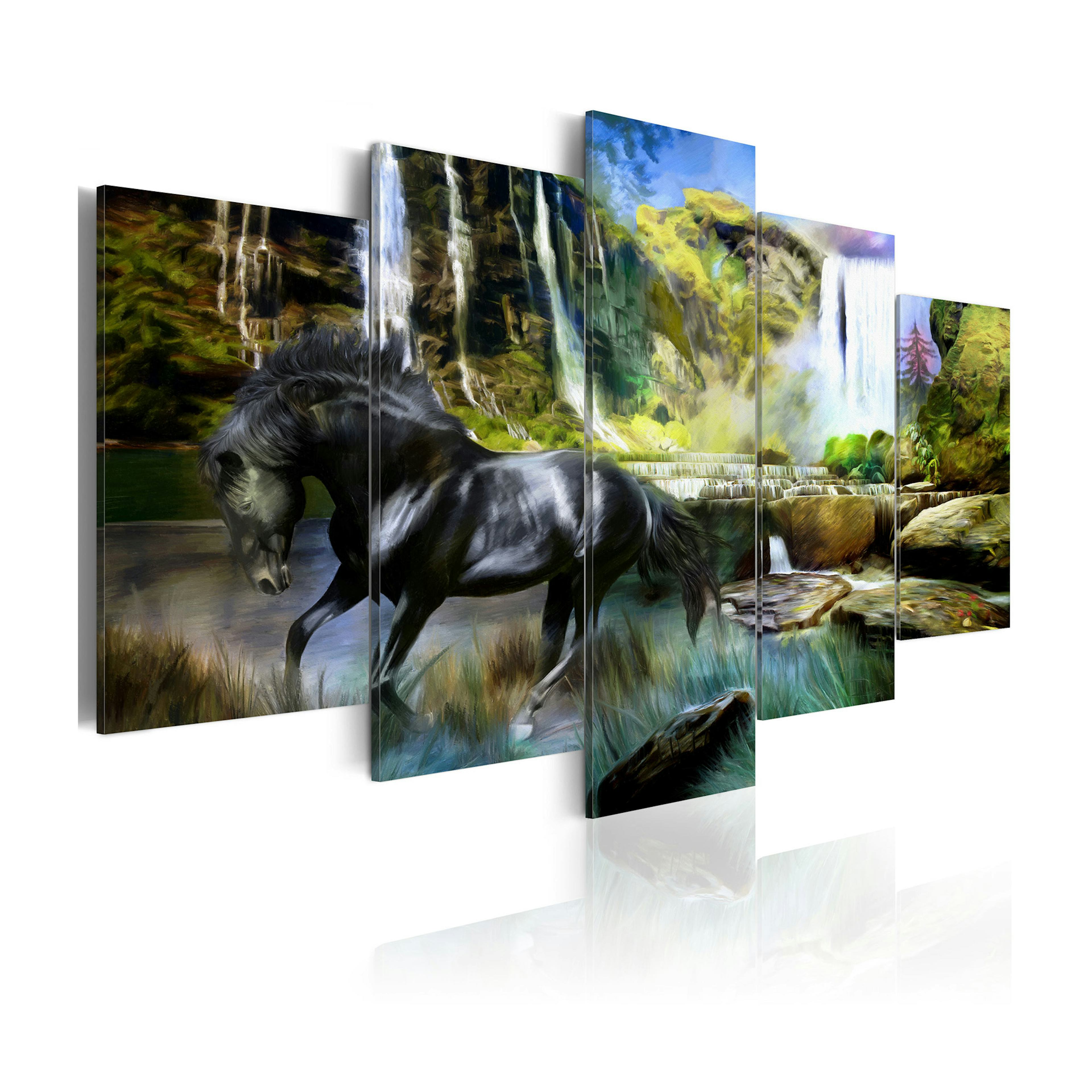 Tavla Arkiio Black Horse On The Background Of Paradise Waterfall