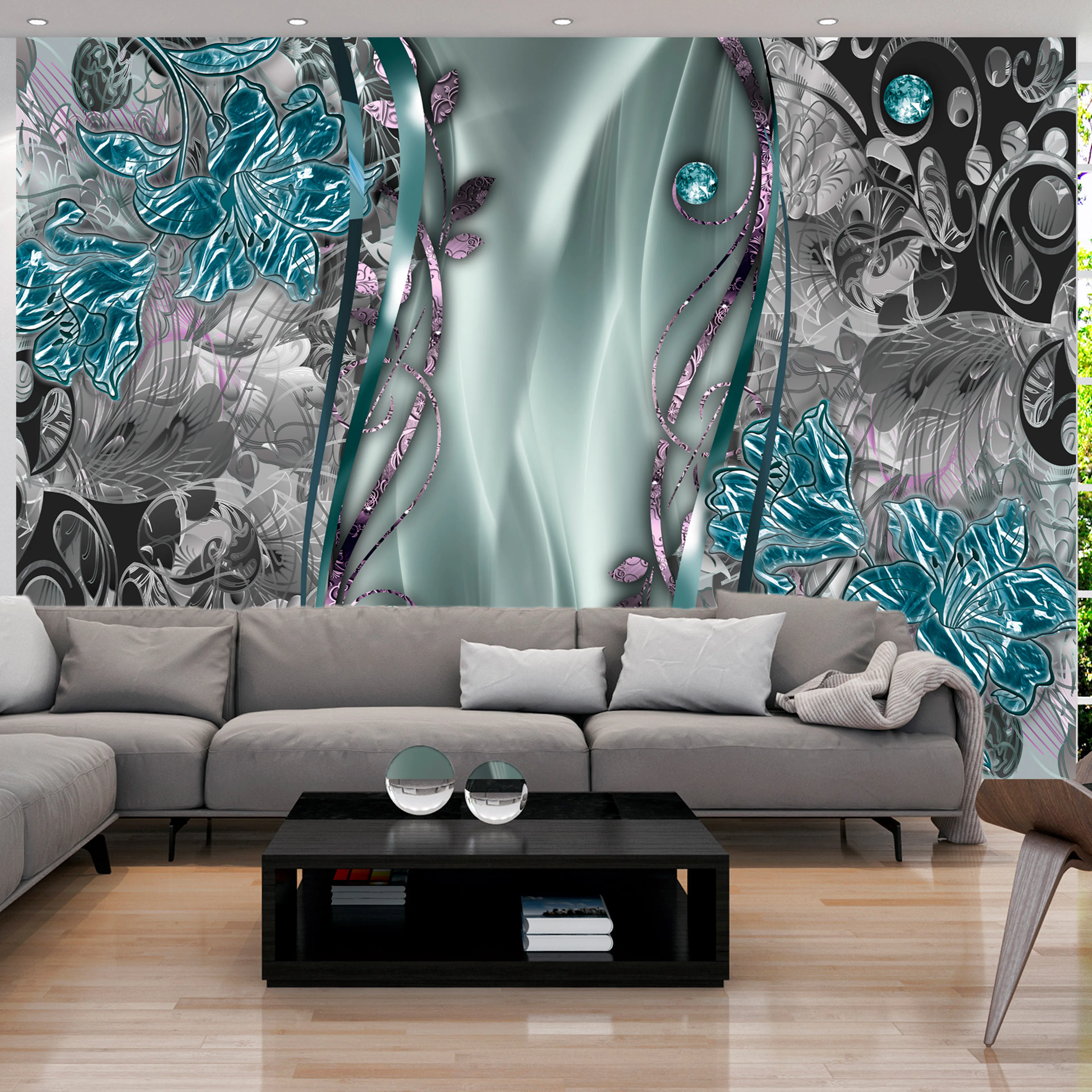 Fototapet Arkiio Självhäftande Floral Curtain Turquoise