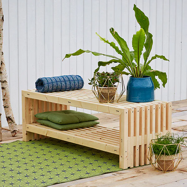 Trädgårdsbänk PLUS Rustik Design med Hylla 2180 mm