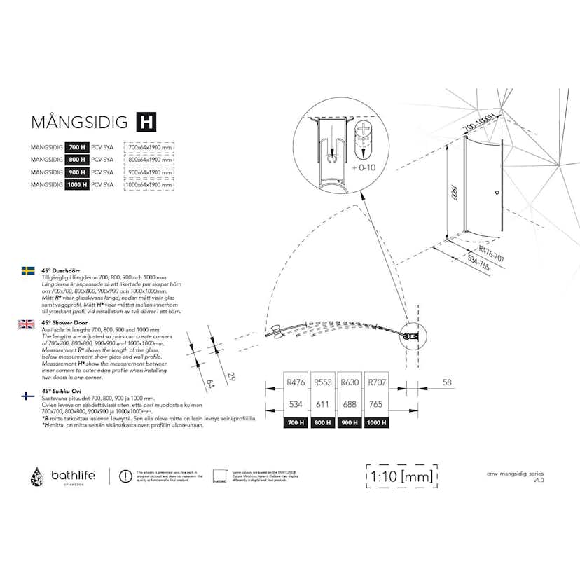 Duschdörr Bathlife Mångsidig 45° Rund