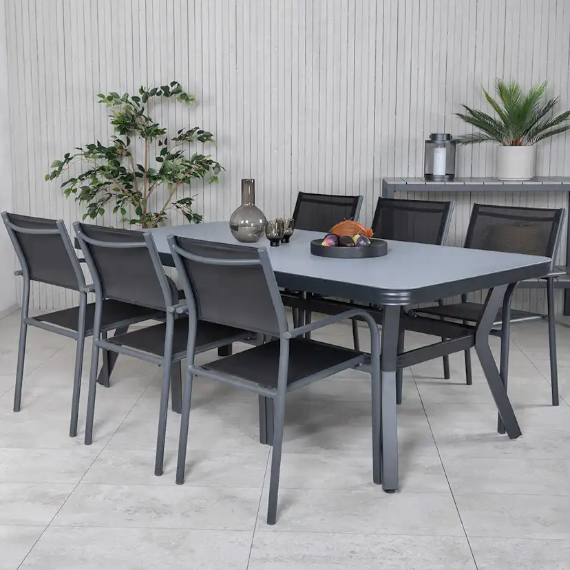 Matgrupp Utomhus Venture Home Vyn med 6 Samba Stapelbara Trädgårdsstolar