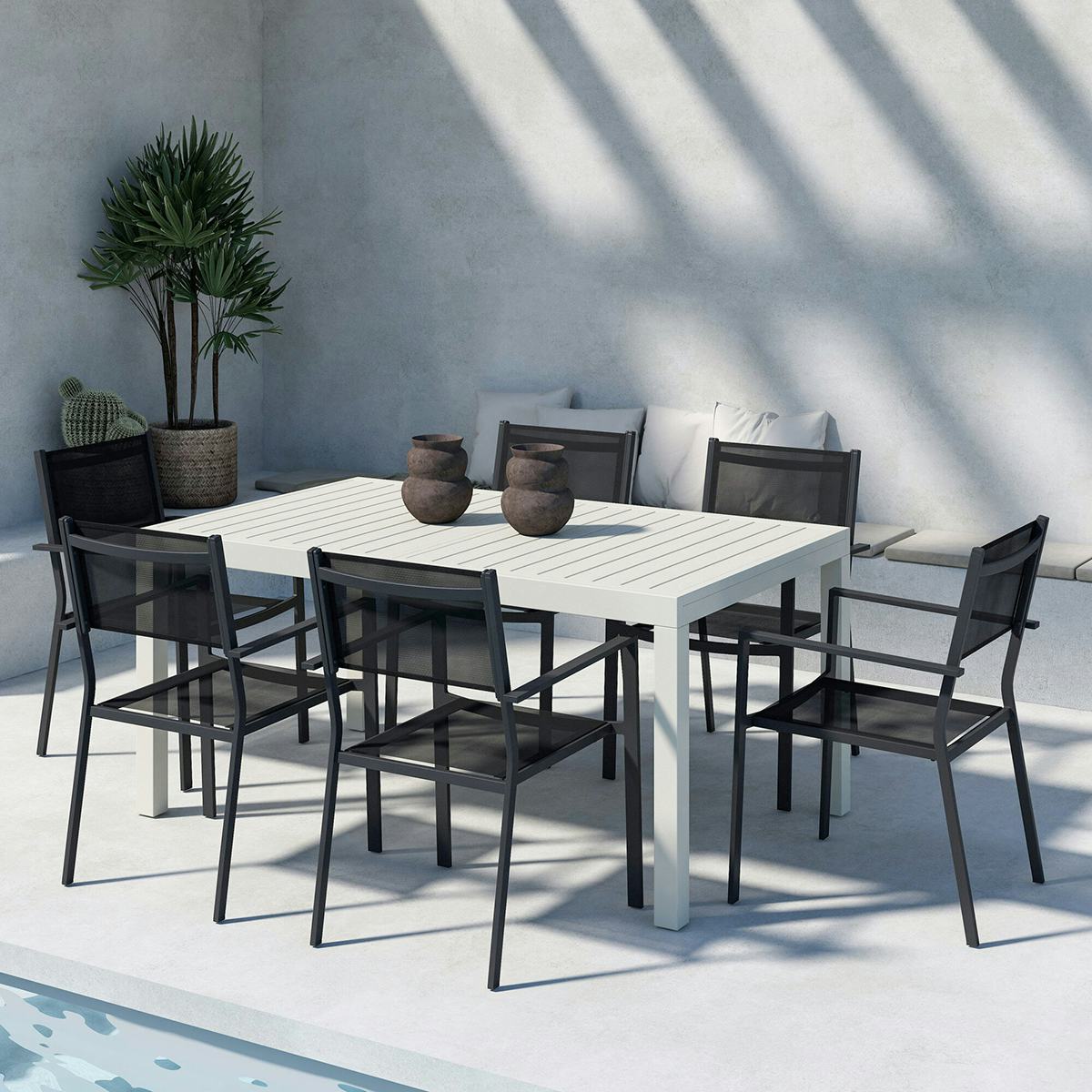 Trädgårdsmatgrupp Venture Home Capo Rektangulärt Matbord 160/240x100x75 Beige med 6 st Copacabana Trädgårdsstolar Svart