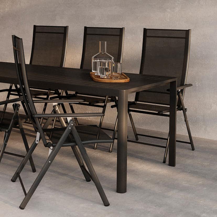 Trädgårdsmatgrupp Venture Home Giardini Rektangulärt Matbord 200x90x72 Svart med 6 st Levanzo Trädgårdsstolar Svart