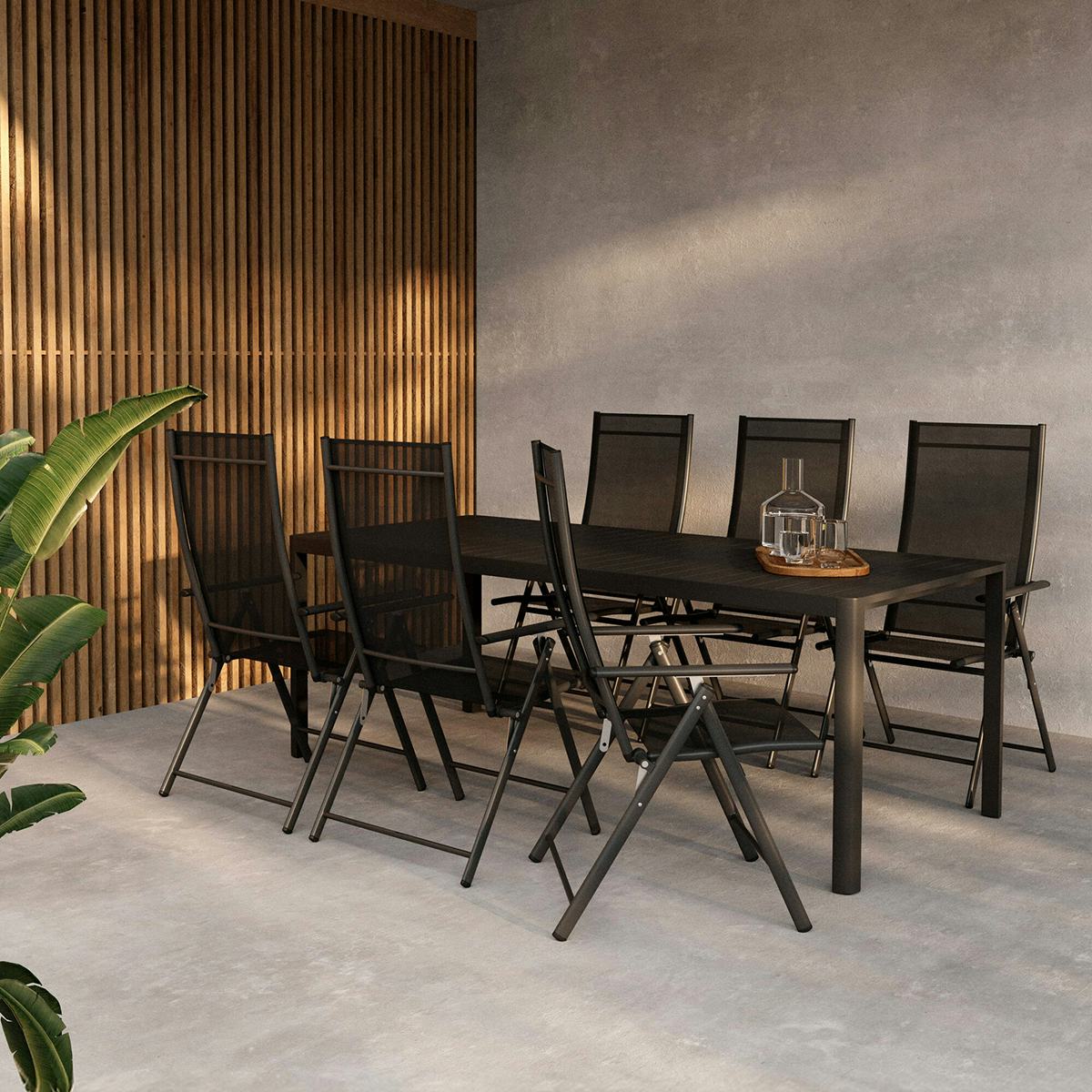 Trädgårdsmatgrupp Venture Home Giardini Rektangulärt Matbord 200x90x72 Svart med 6 st Levanzo Trädgårdsstolar Svart