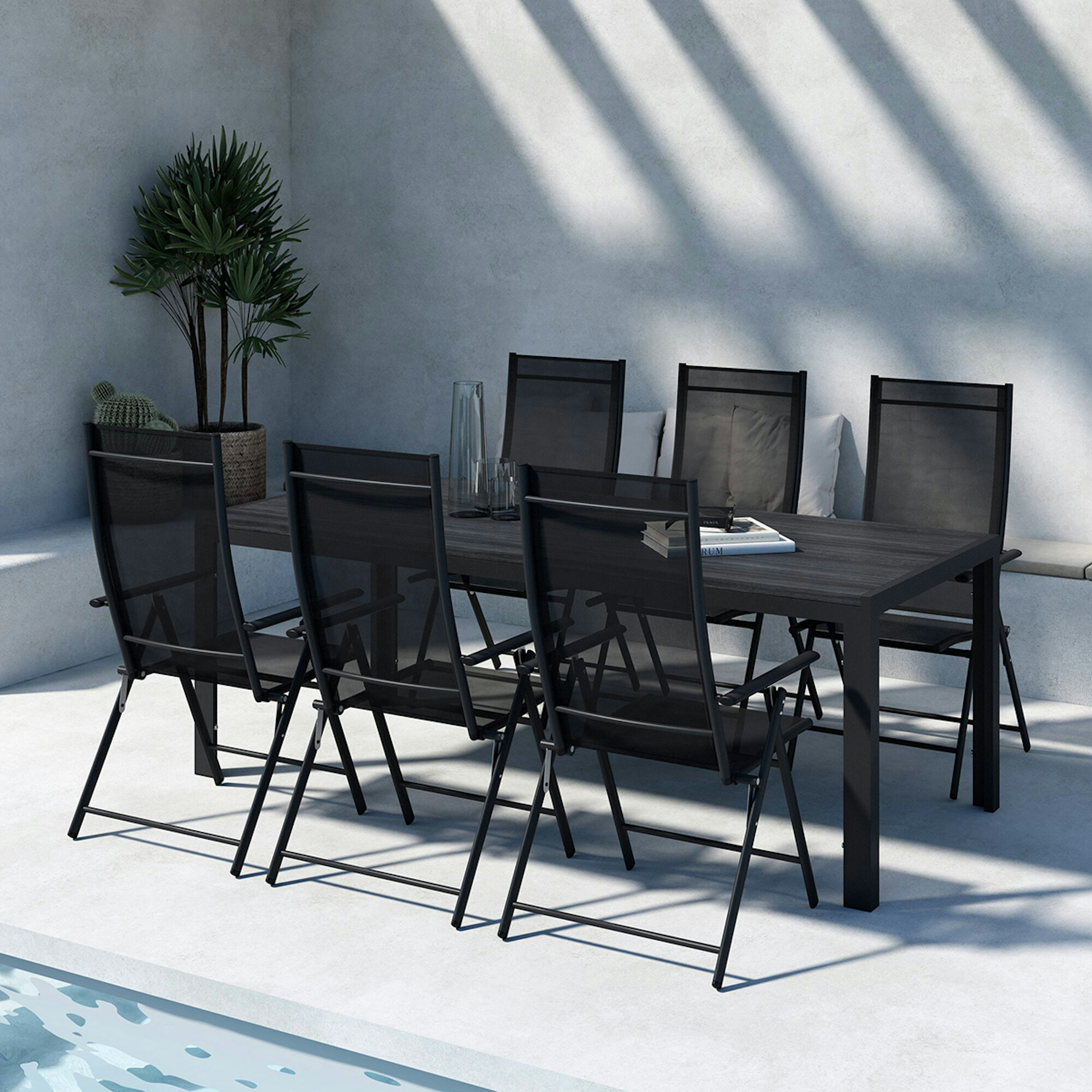 Trädgårdsmatgrupp Venture Home Mirko Matbord Svart  med 6 st Levanzo Trädgårdsstolar Svart