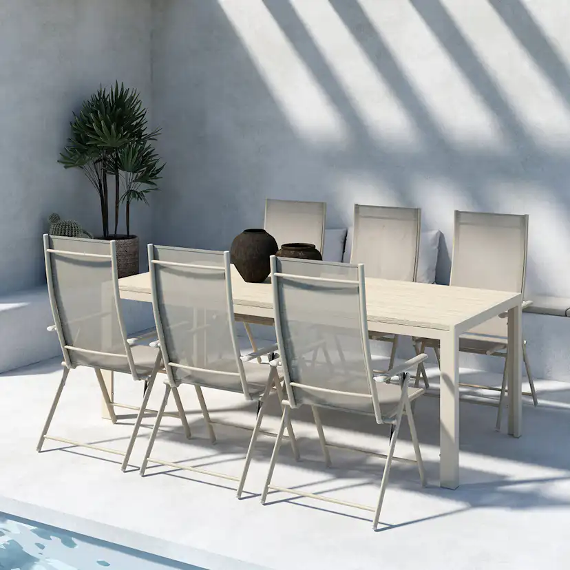 Trädgårdsmatgrupp Venture Home Mirko Matbord Beige med 6 st Levanzo Trädgårdsstolar Beige