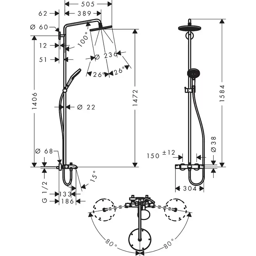 Takduschset Hansgrohe Raindance S Select 240 med Badkarsblandare