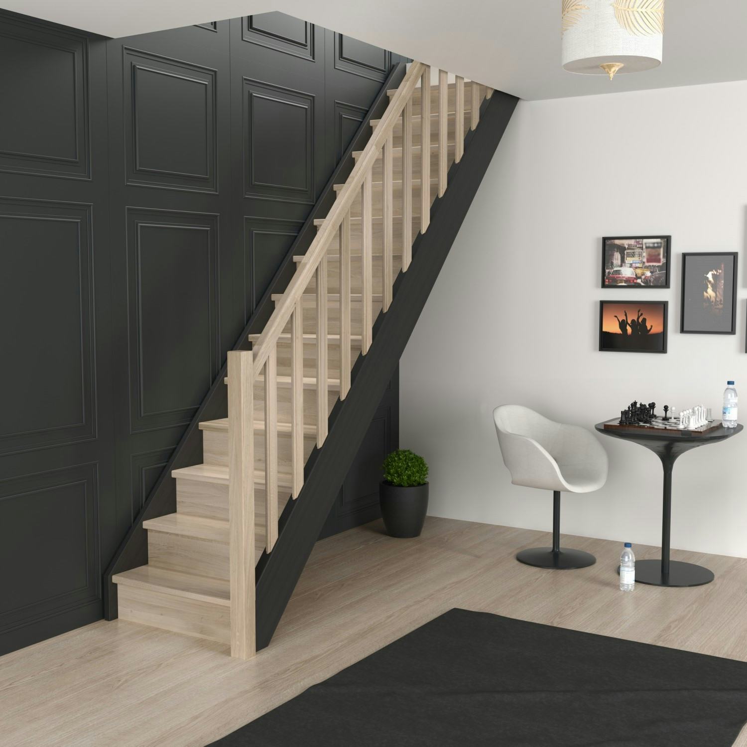 Spartrappa Dolle Helsinki Svart/Ek Rak Räcke med Träbalustrar och Sättsteg