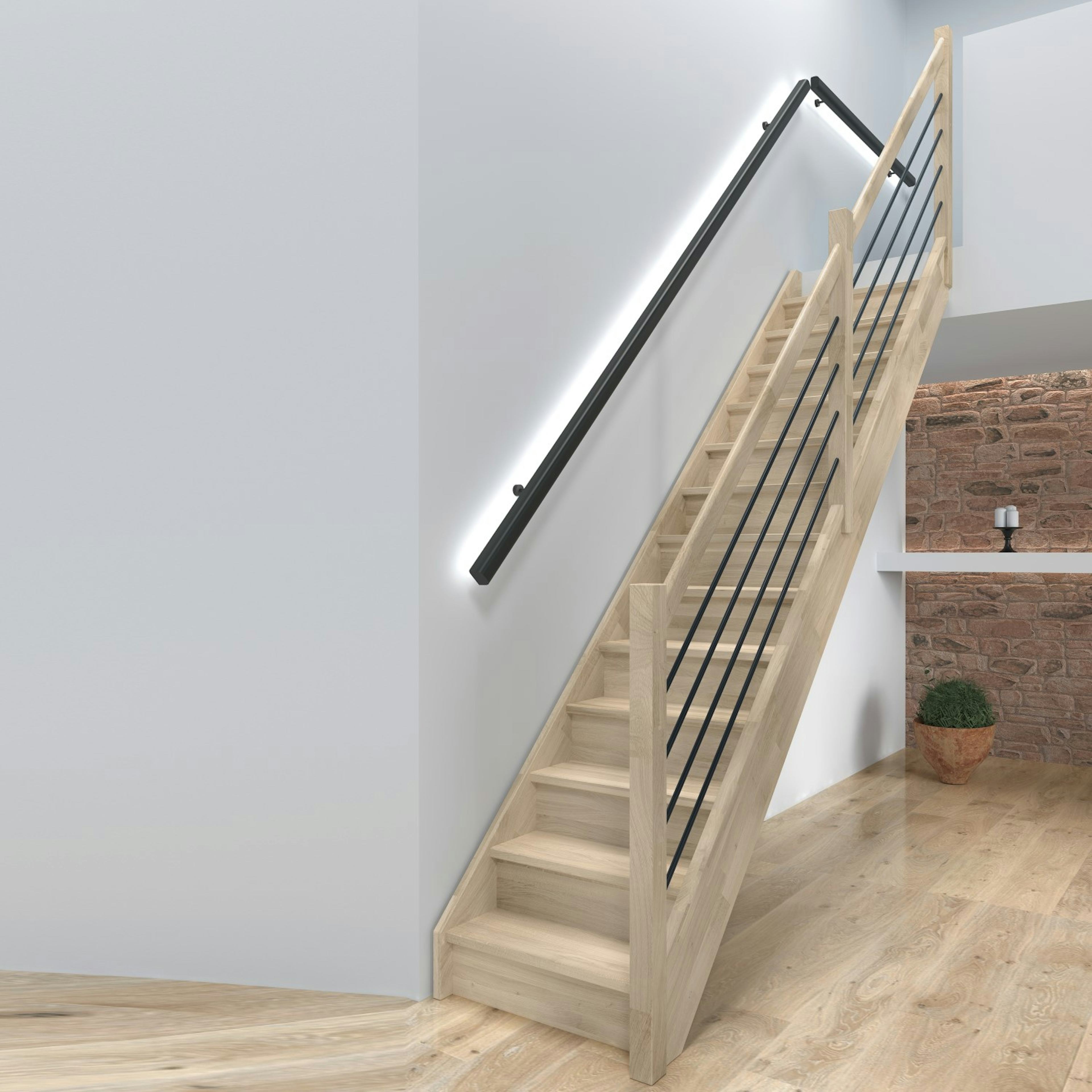 Spartrappa Dolle Helsinki Ek Rak Räcke med Svart Alu Fyllning och Sättsteg