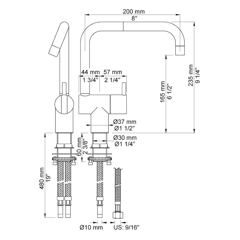 Köksblandare Vola KV1 Standard Engreppsblandare Krom Svängbar Pip