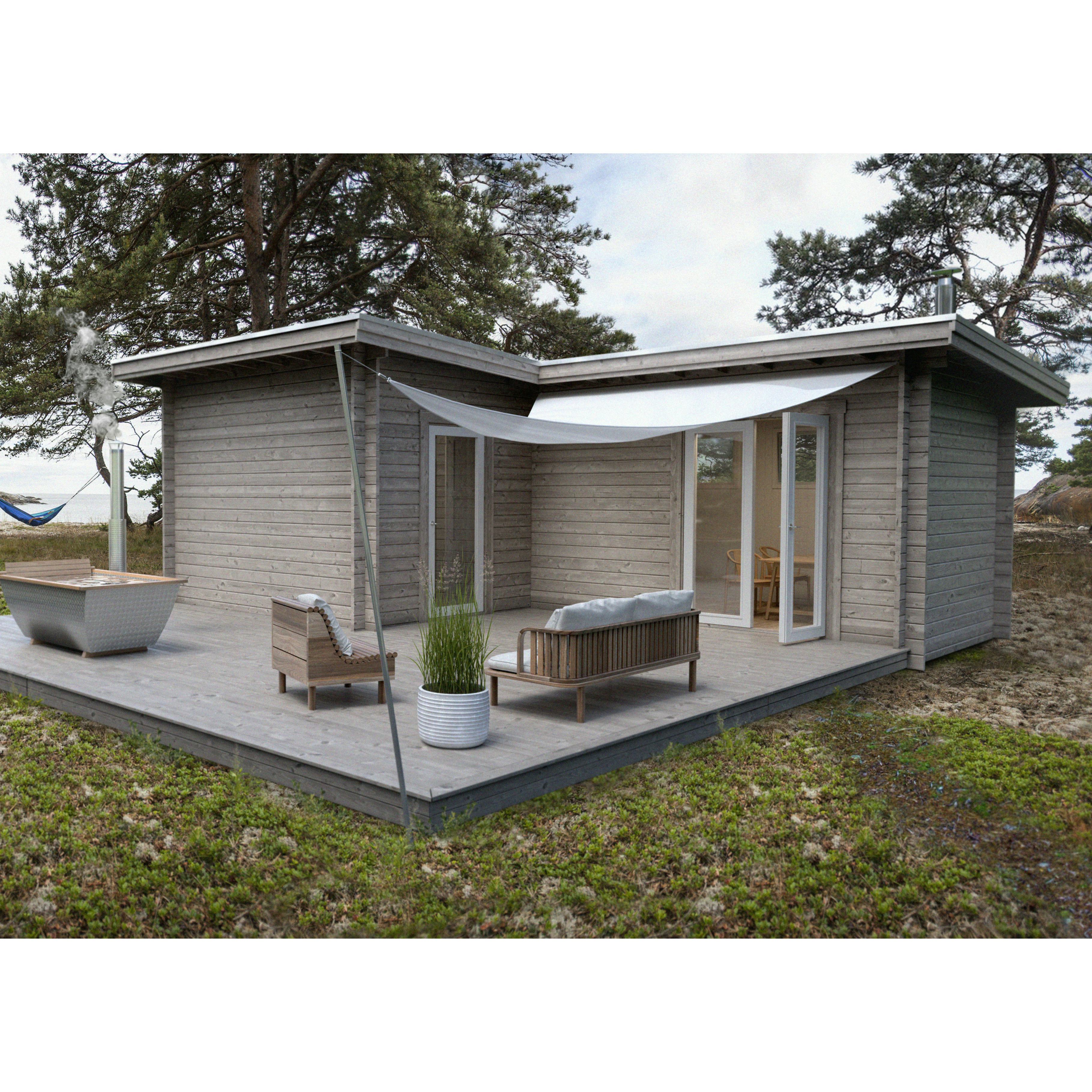 Attefallshus Baseco Nordanås 30m² Trästuga med Altan & Pulpettak