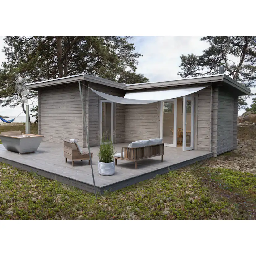 Attefallshus Baseco Nordanås 30m² Trästuga med Altan & Pulpettak