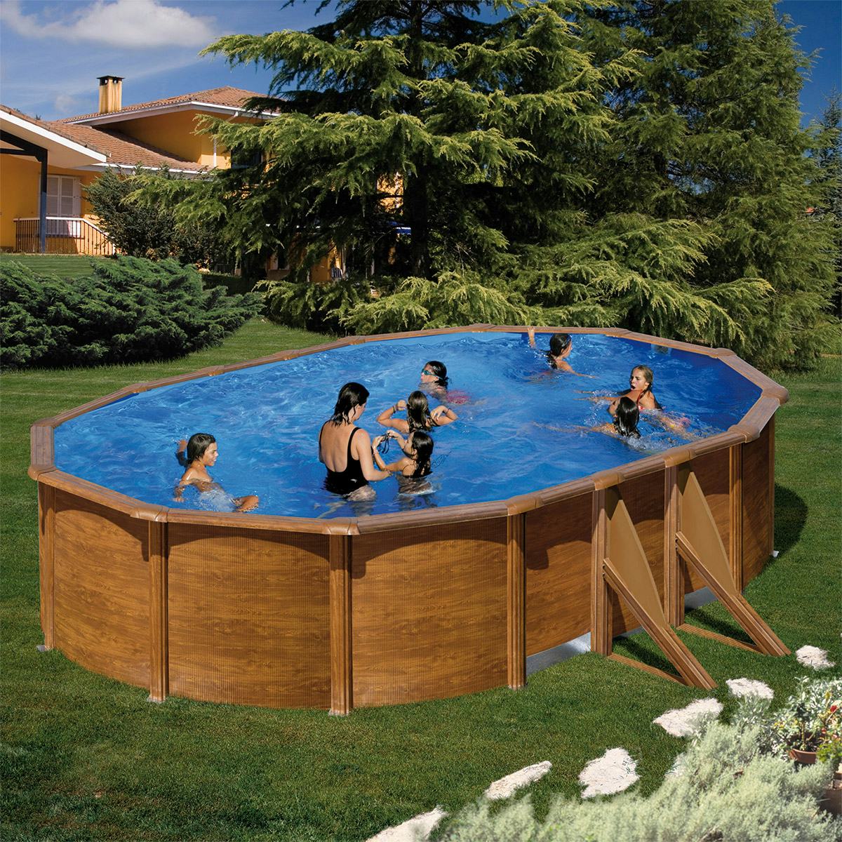 Stålväggspool Planet Pool Oval Träimiterande Ovanmarkspool 132 cm