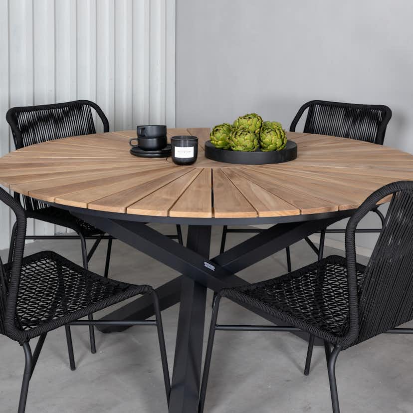 Matgrupp Utomhus Venture Home Meya med 4 Jefferson Stapelbara Trädgårdsstolar