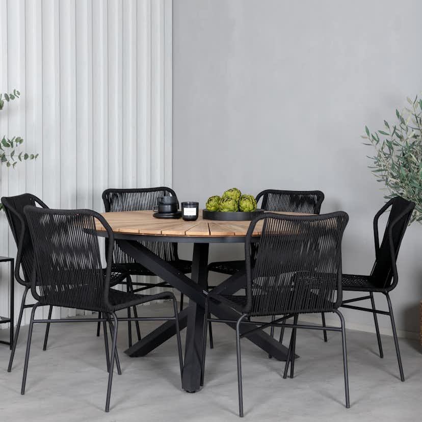 Matgrupp Utomhus Venture Home Meya med 6 Jefferson Stapelbara Trädgårdsstolar