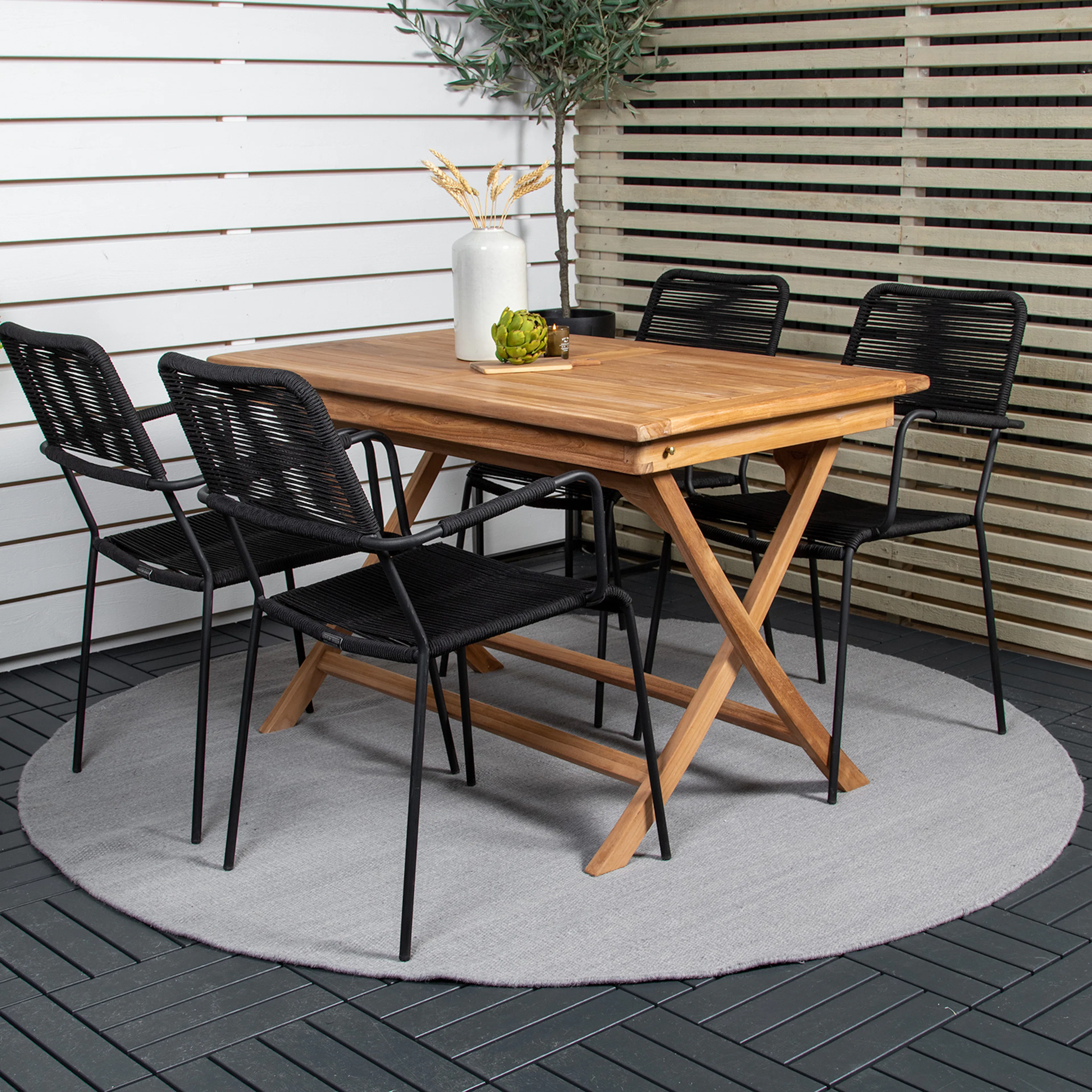 Matgrupp Utomhus Venture Home Kenya 120x70 Teak med 4 Lindos KarmTrädgårdsstolar