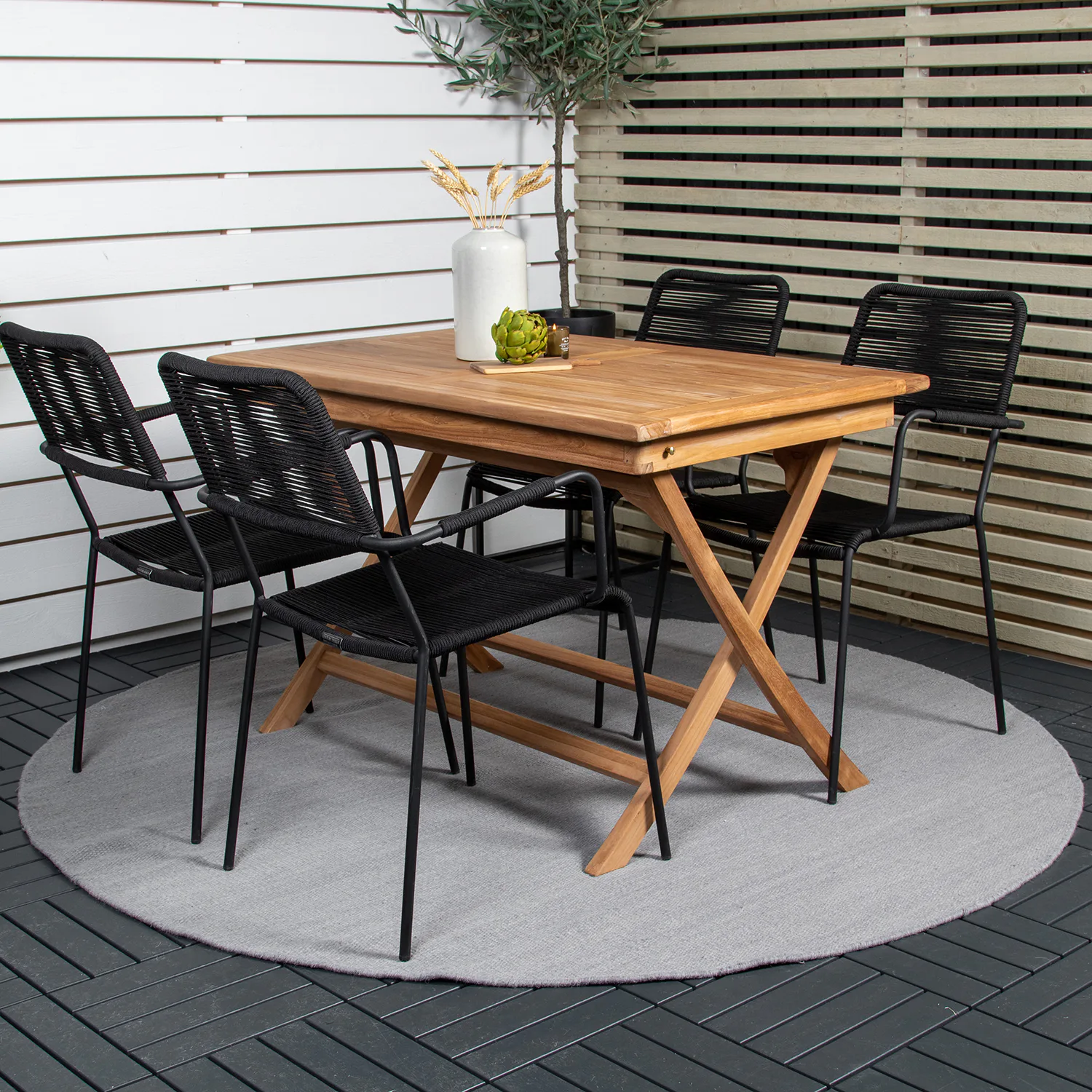 Matgrupp Utomhus Venture Home Kenya 120x70 Teak med 4 Lindos KarmTrädgårdsstolar