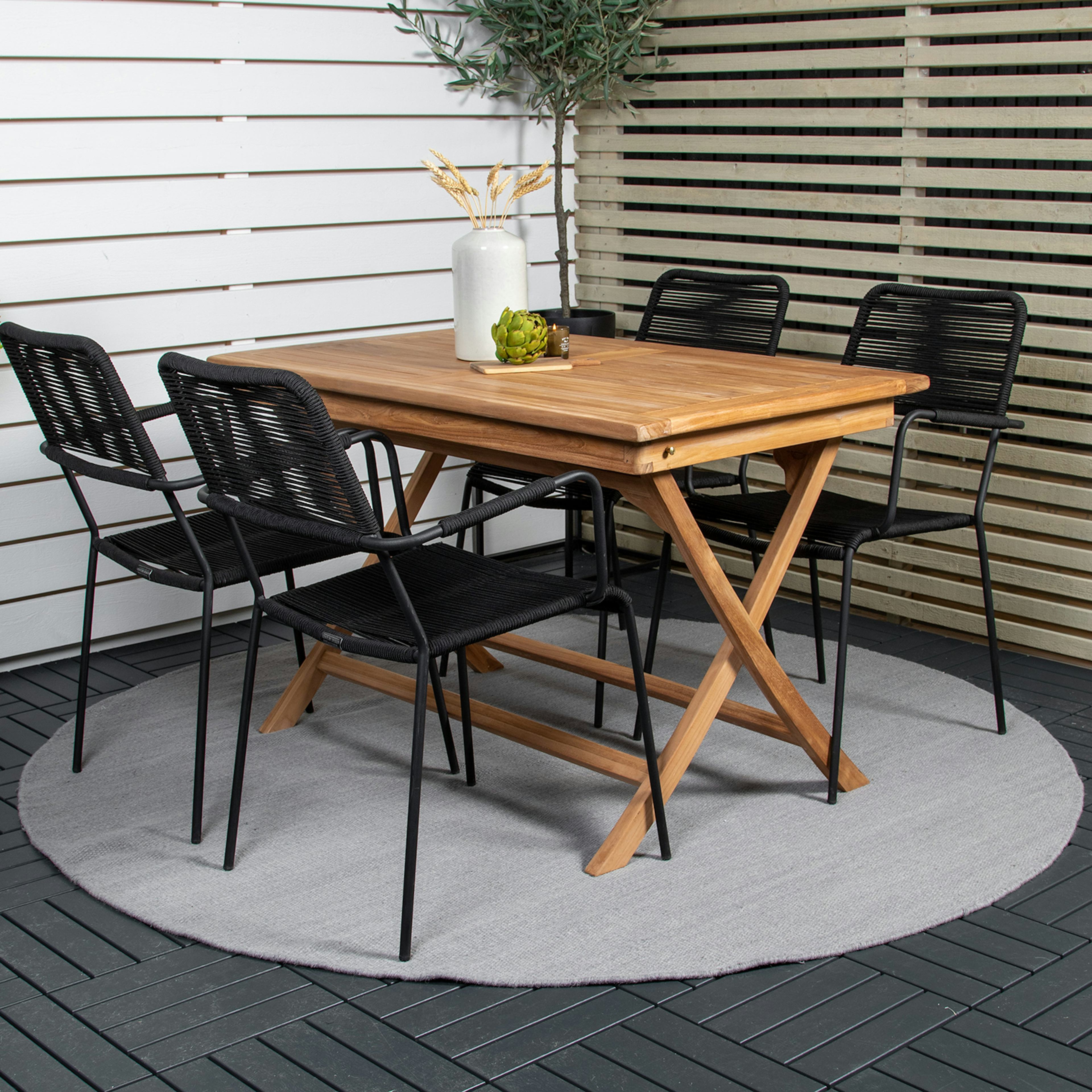 Matgrupp Utomhus Venture Home Kenya 120x70 Teak med 4 Lindos KarmTrädgårdsstolar