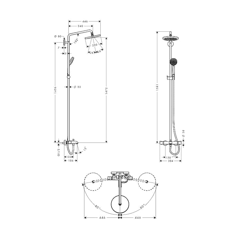 Takduschset Hansgrohe Croma 220 Showerpipe med Badkarsblandare 150 cc