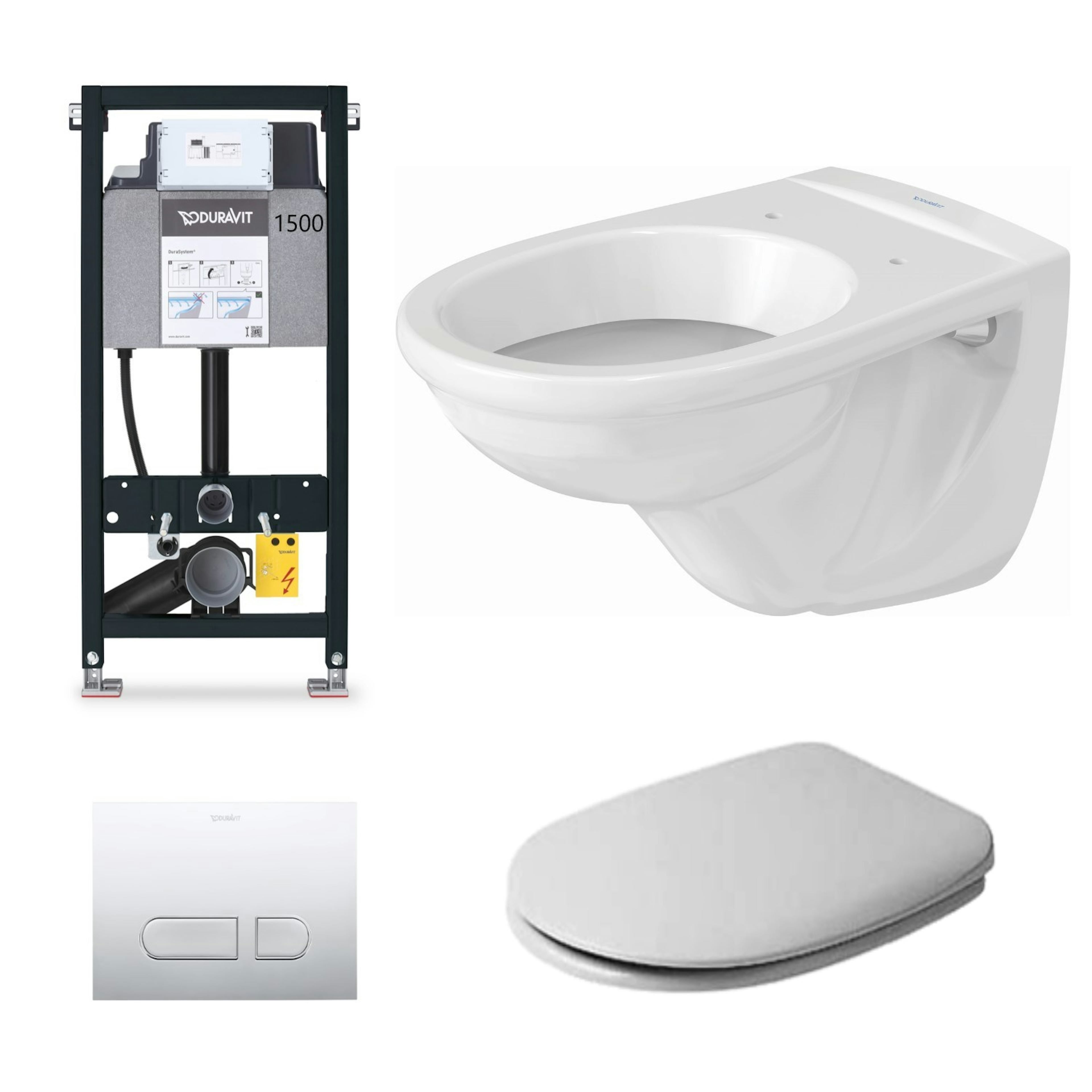Toalettpaket Duravit D-Code med Vägghängd Toalettstol, Fixtur och Spolknapp