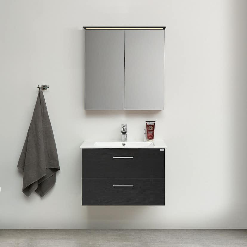 Möbelpaket 4AQUA Slim Svart Ek 80 med Lådor och Spegelskåp