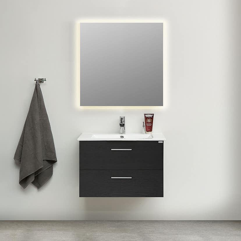 Möbelpaket 4AQUA Slim Svart Ek 80 med Lådor och Spegel Luna LED