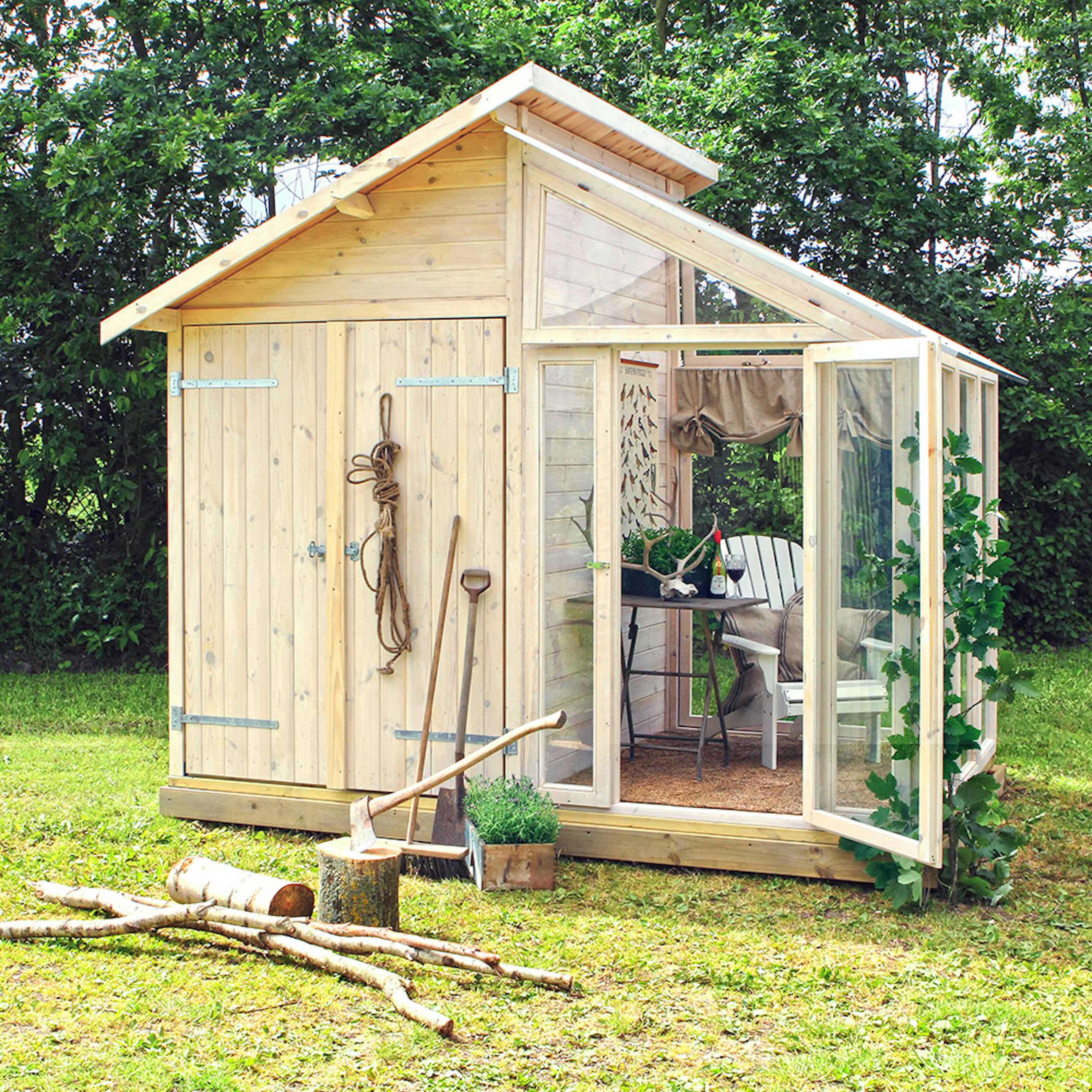 Växthus PLUS Obehandlad Furu med Förråd & Härdat Glas, 6,6 m²
