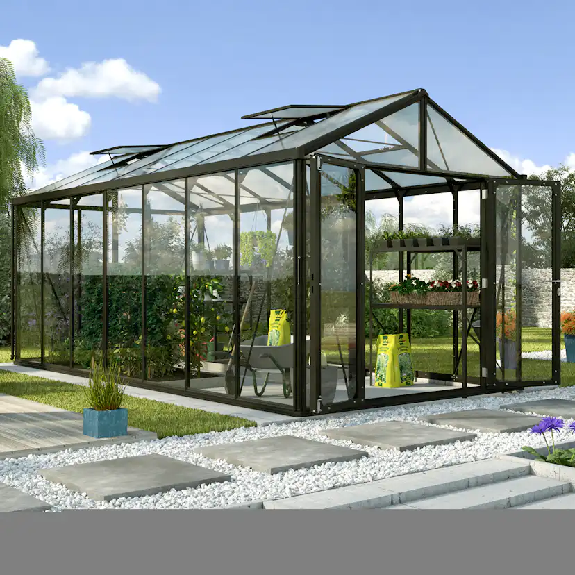 Växthus Vitavia Poseidon Aluminiumstomme med UV-Skyddat Polykarbonat & Härdat Glas, 13,8 m²